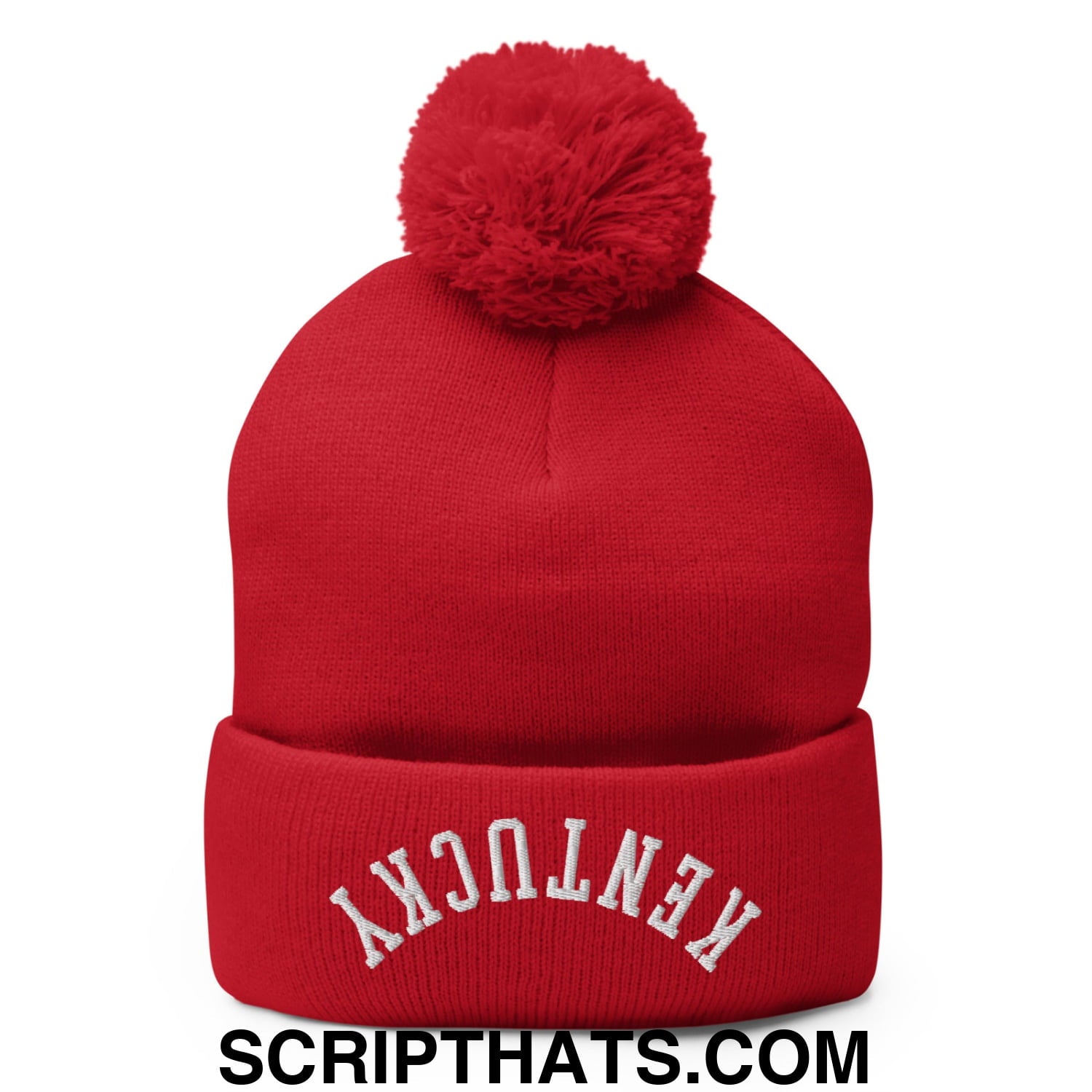 Upside Down Kentucky Embroidered Pom Pom Knit Beanie Red