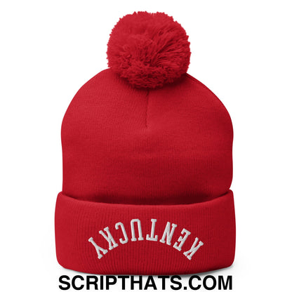 Upside Down Kentucky Embroidered Pom Pom Knit Beanie Red