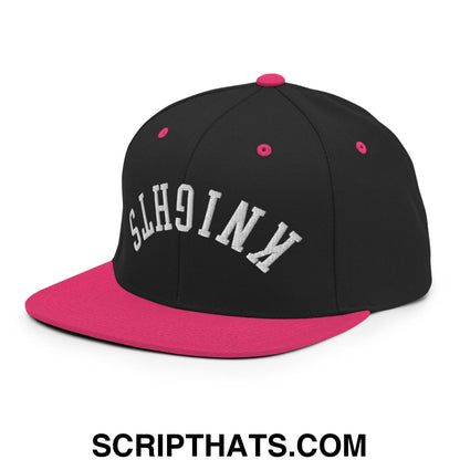 Black and pink snapback hat with white embroidered kingston lettering and flat bill brim from upside down knights collection