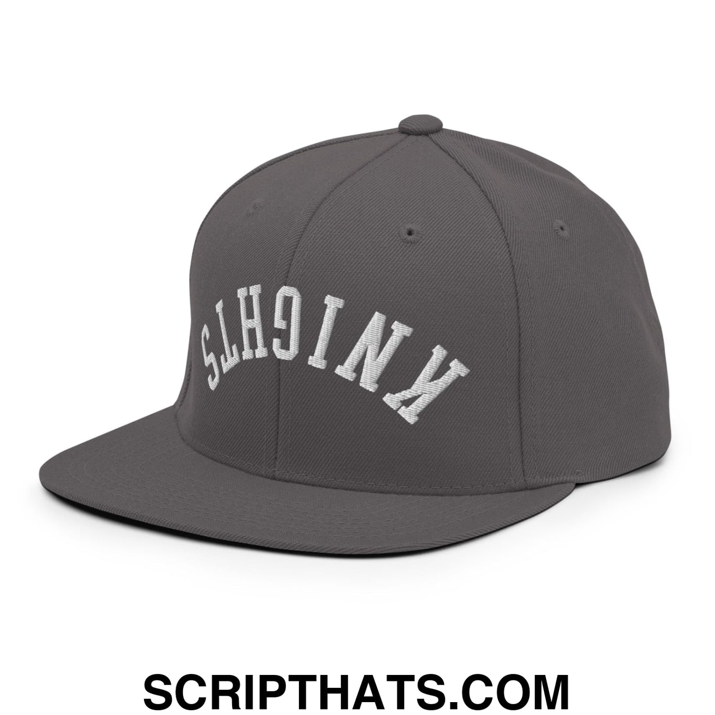 Gray snapback hat with white embroidered kingsths lettering and flat bill brim from upside down knights collection
