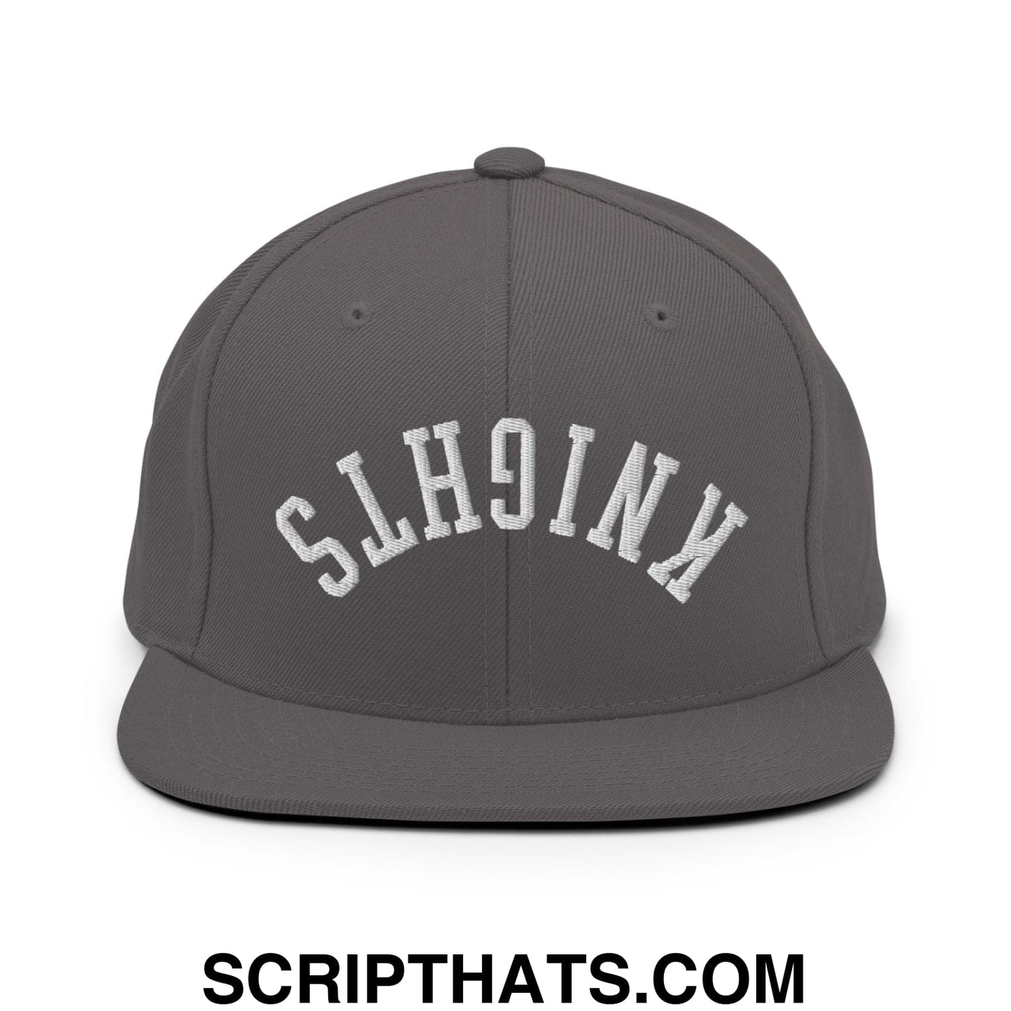 Gray snapback cap with white embroidered knights lettering in an arched design and flat bill brim