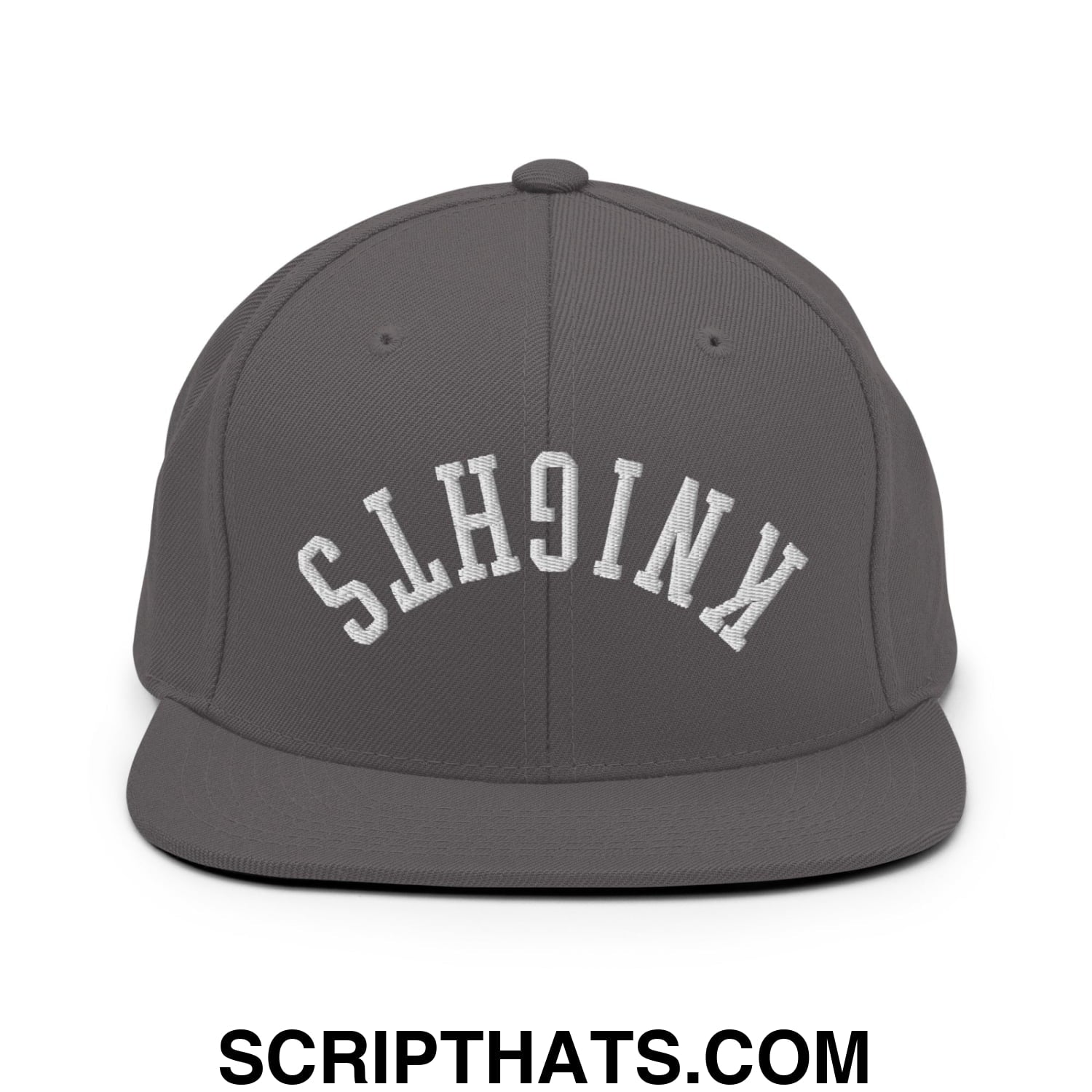 Gray snapback cap with white embroidered knights lettering in an arched design and flat bill brim