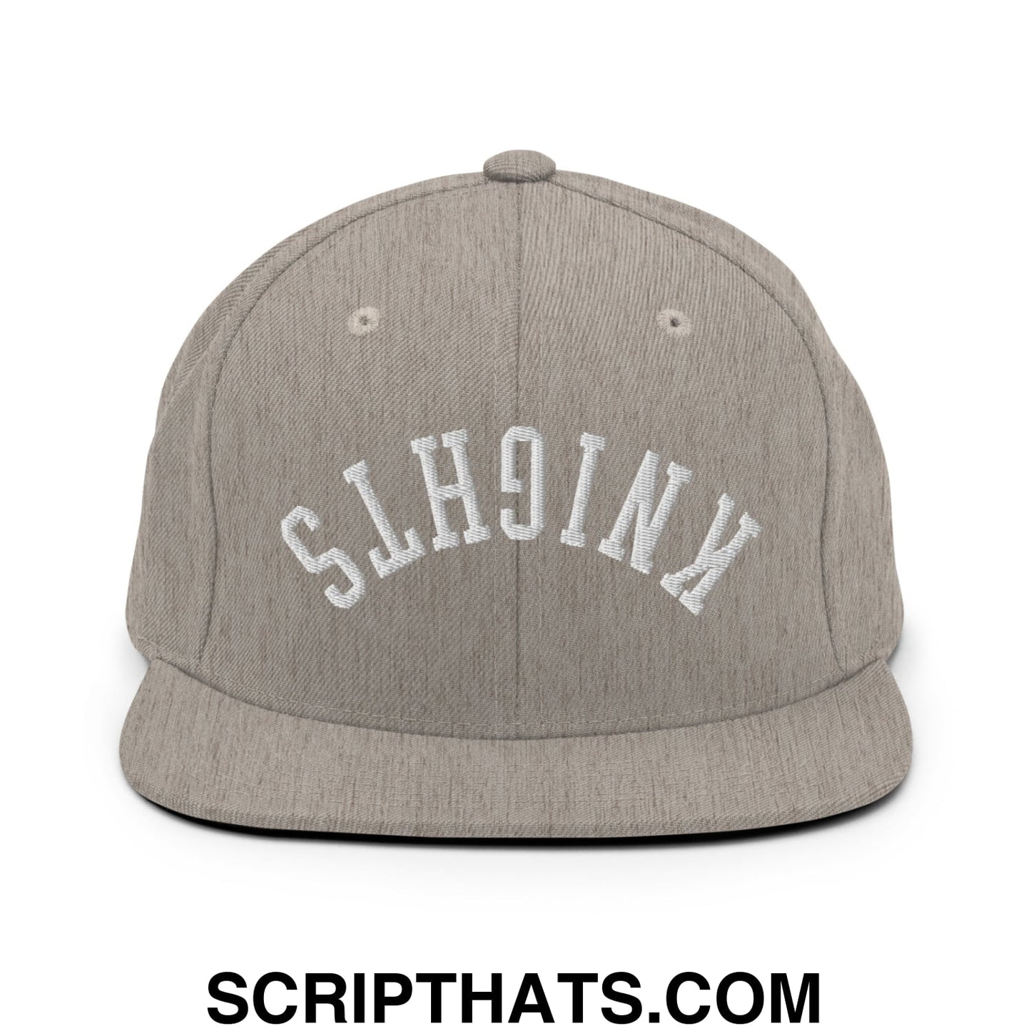 Gray snapback hat with white embroidered knights lettering and flat bill brim in a casual streetwear style
