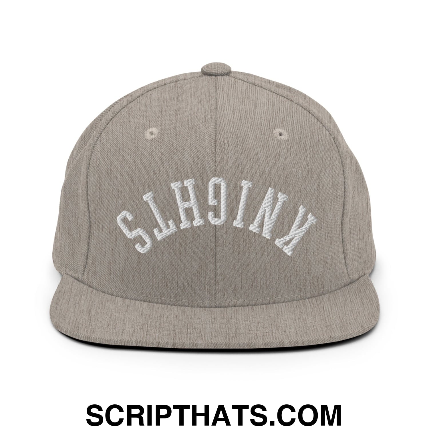 Gray snapback hat with white embroidered knights lettering and flat bill brim in a casual streetwear style