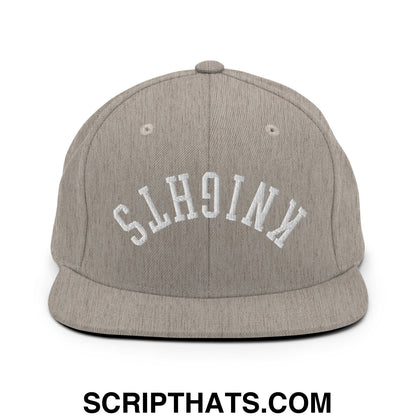 Gray snapback hat with white embroidered knights lettering and flat bill brim in a casual streetwear style
