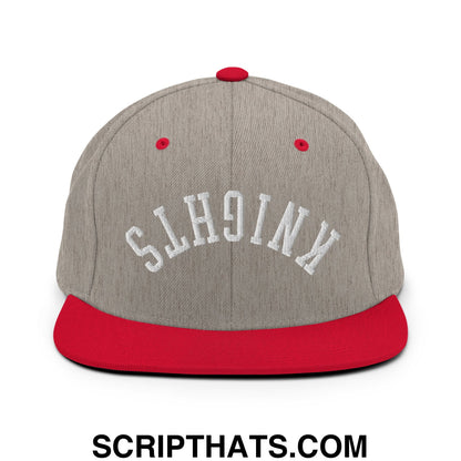 Gray and red snapback hat with white embroidered knights lettering and a flat bill brim for casual wear