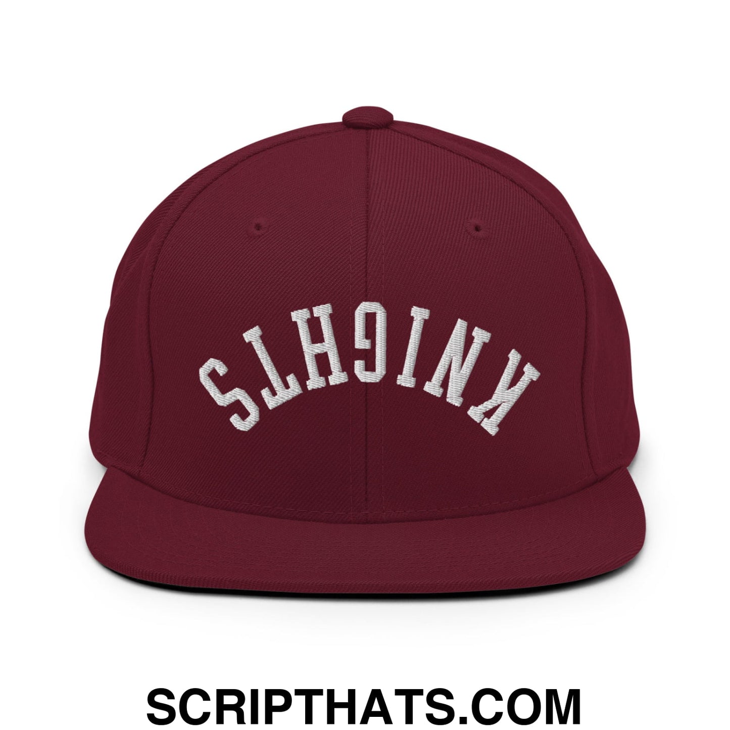 Maroon upside down knights snapback hat with white embroidered arched lettering and flat bill brim