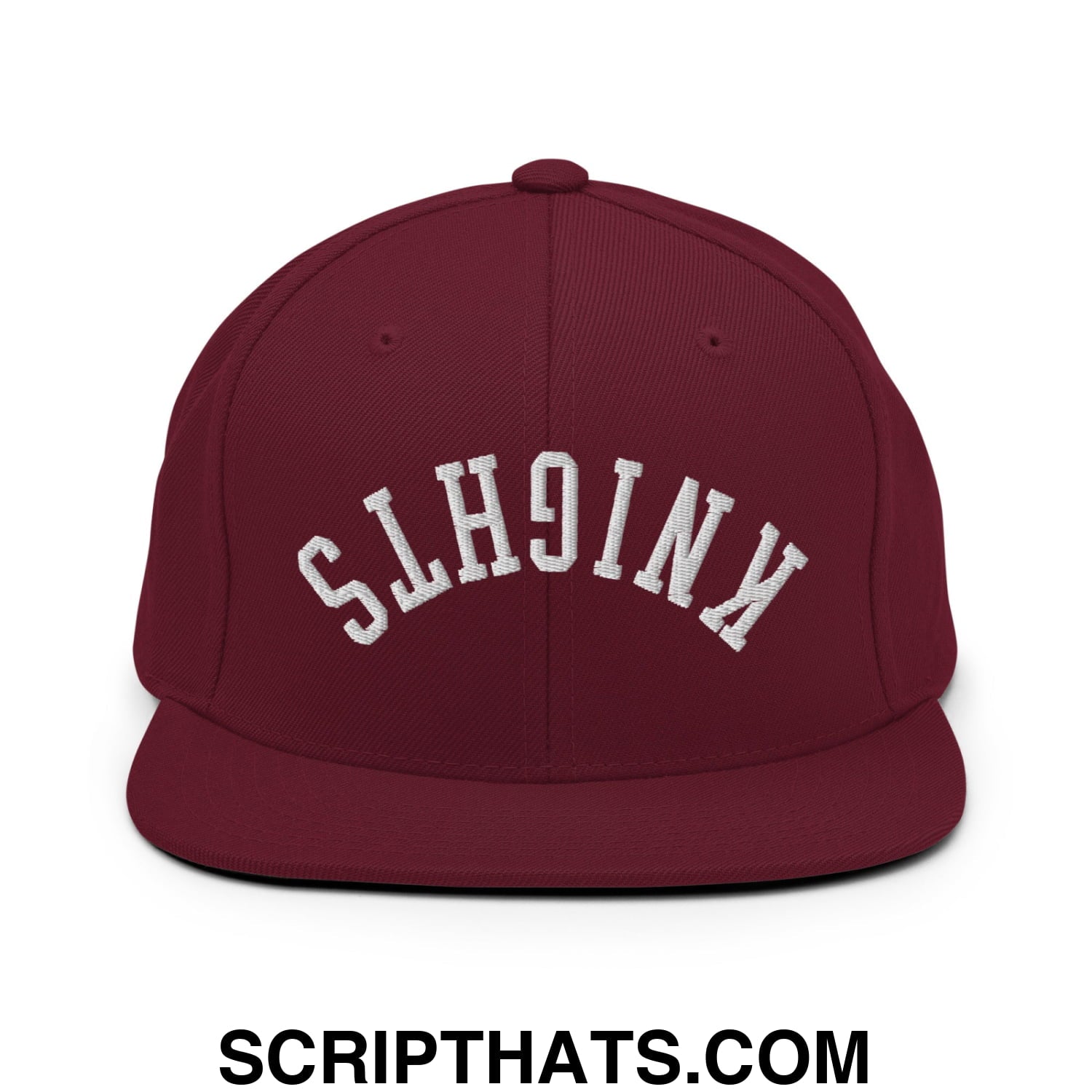 Maroon upside down knights snapback hat with white embroidered arched lettering and flat bill brim