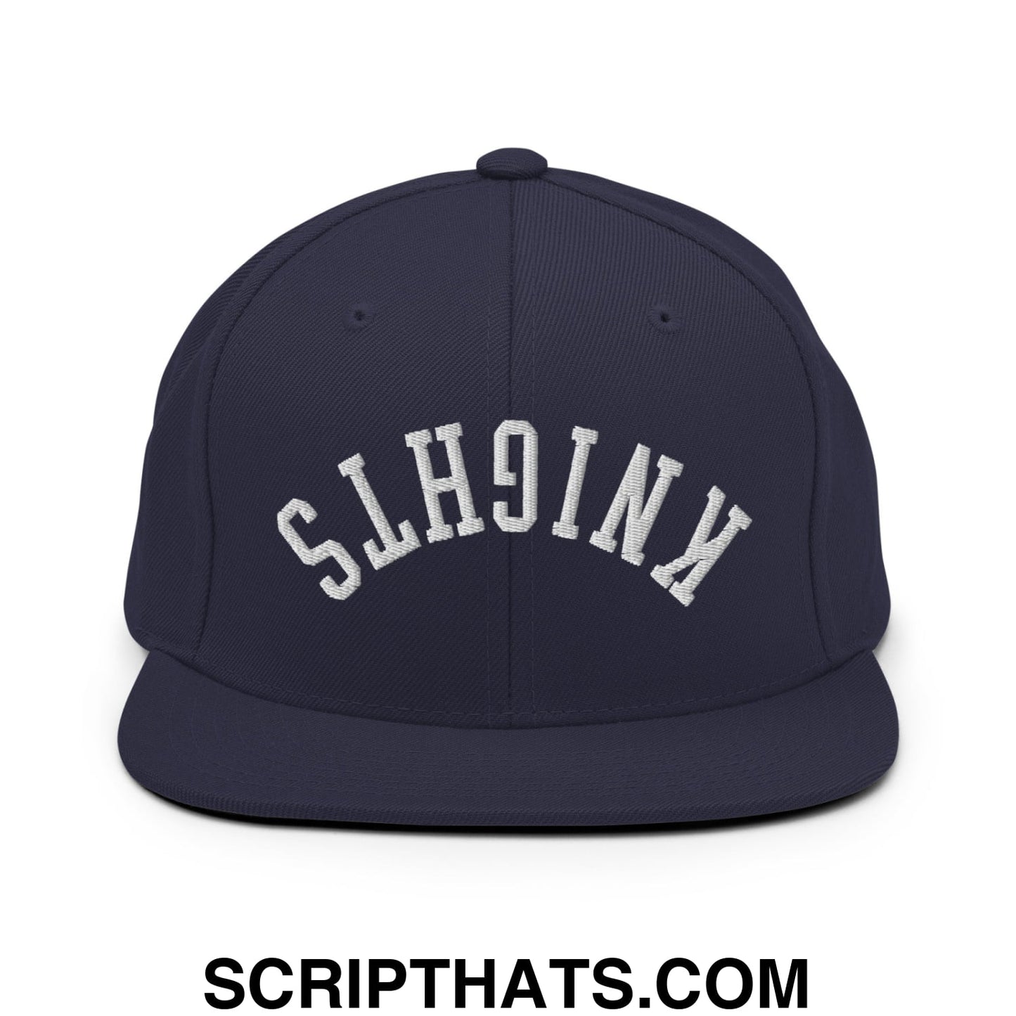 Navy blue snapback hat with white embroidered knights lettering and flat bill brim in an upside down design