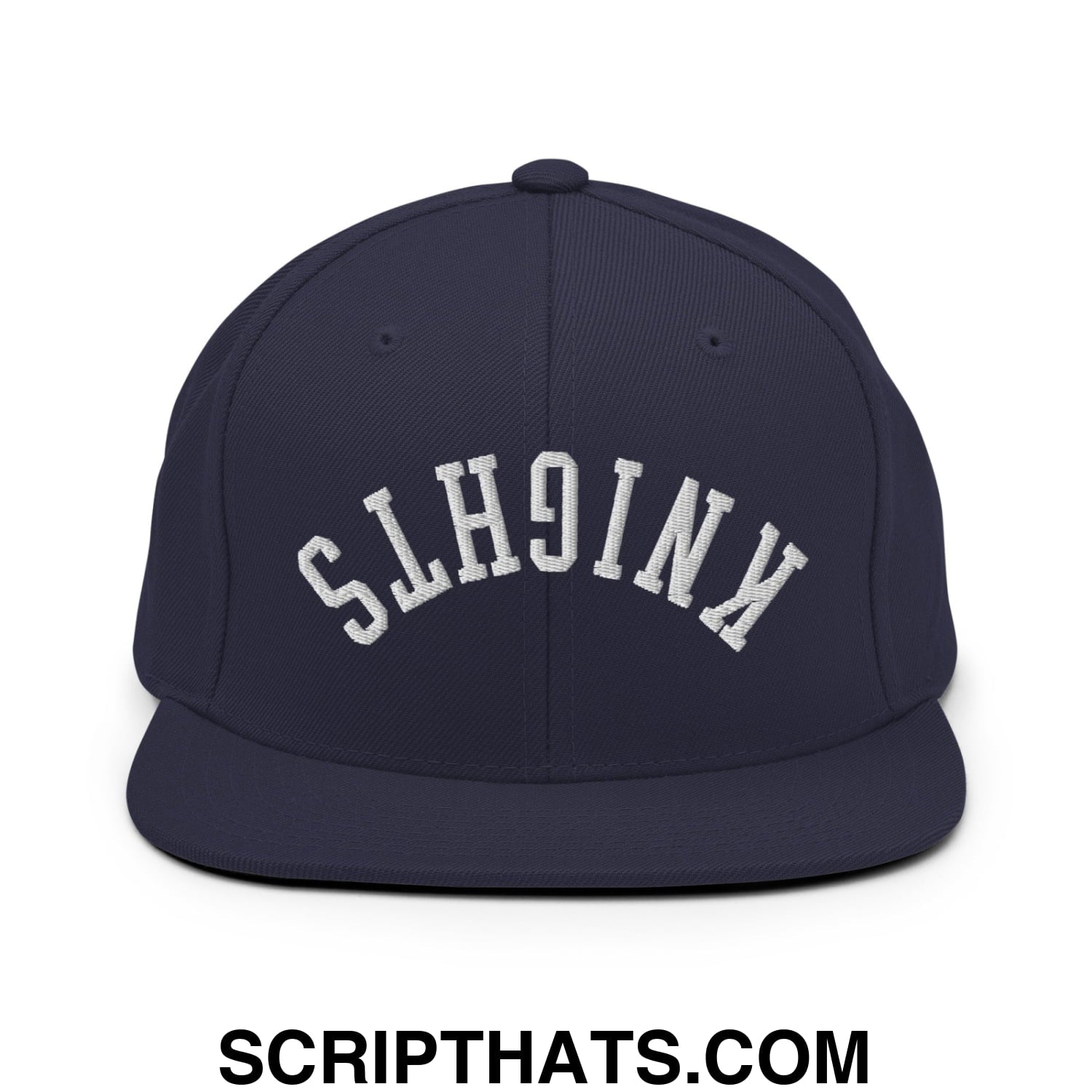 Navy blue snapback hat with white embroidered knights lettering and flat bill brim in an upside down design