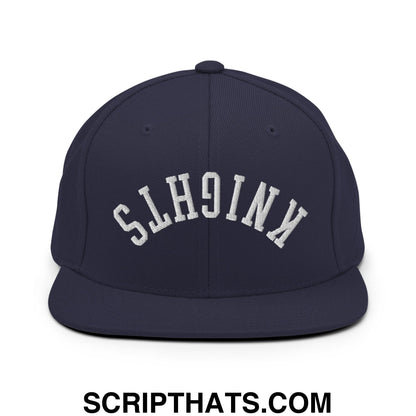 Navy blue snapback hat with white embroidered knights lettering and flat bill brim in an upside down design
