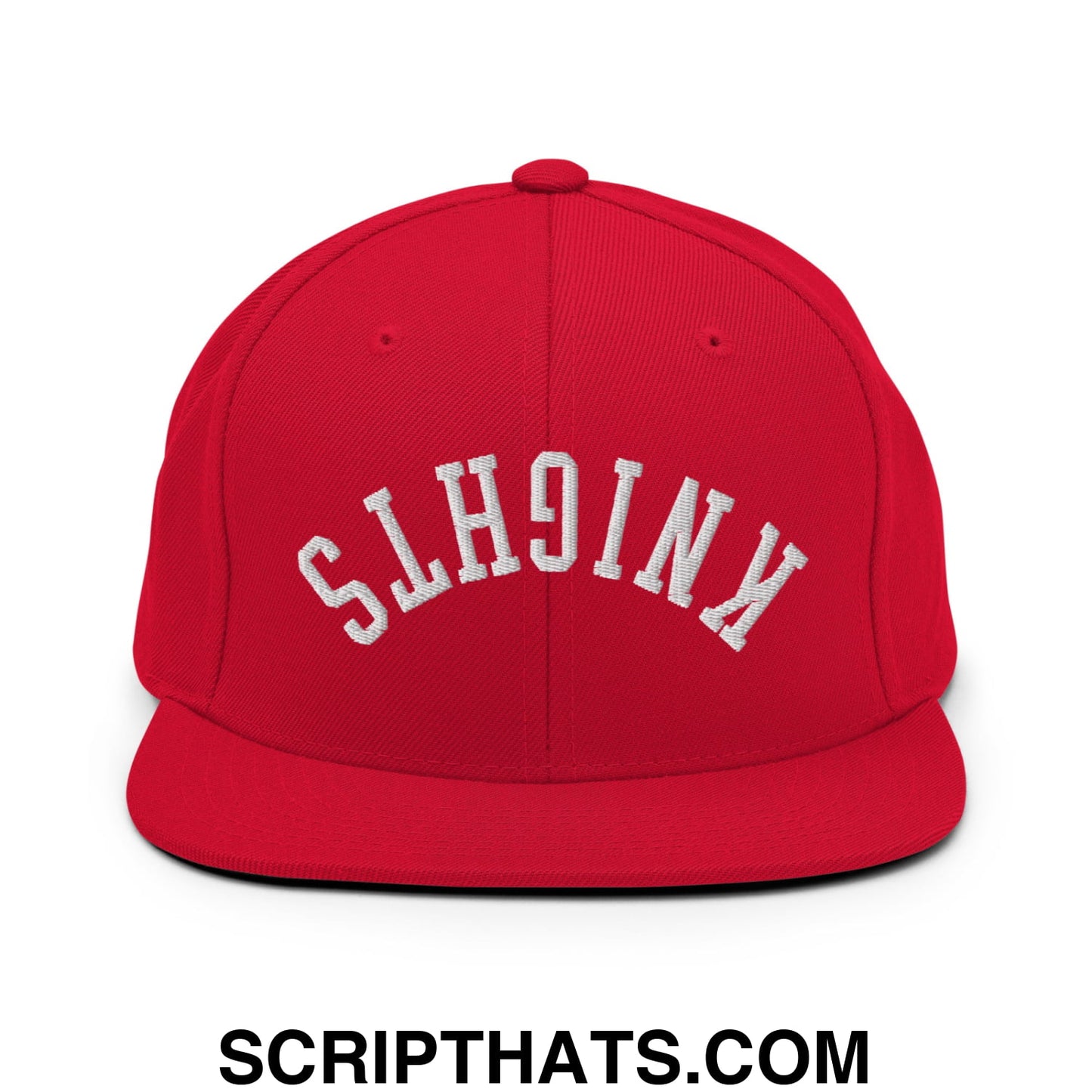 Red snapback cap with white embroidered knights lettering and flat bill brim for casual streetwear style