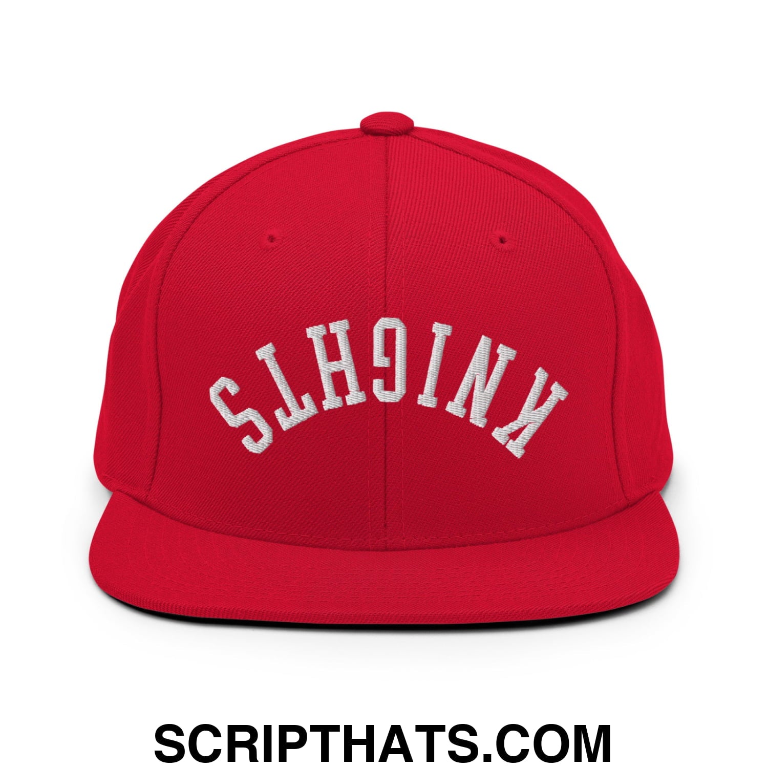 Red snapback cap with white embroidered knights lettering and flat bill brim for casual streetwear style