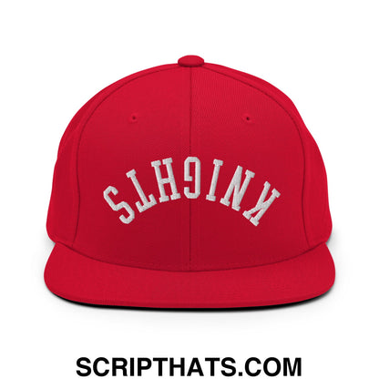 Red snapback cap with white embroidered knights lettering and flat bill brim for casual streetwear style