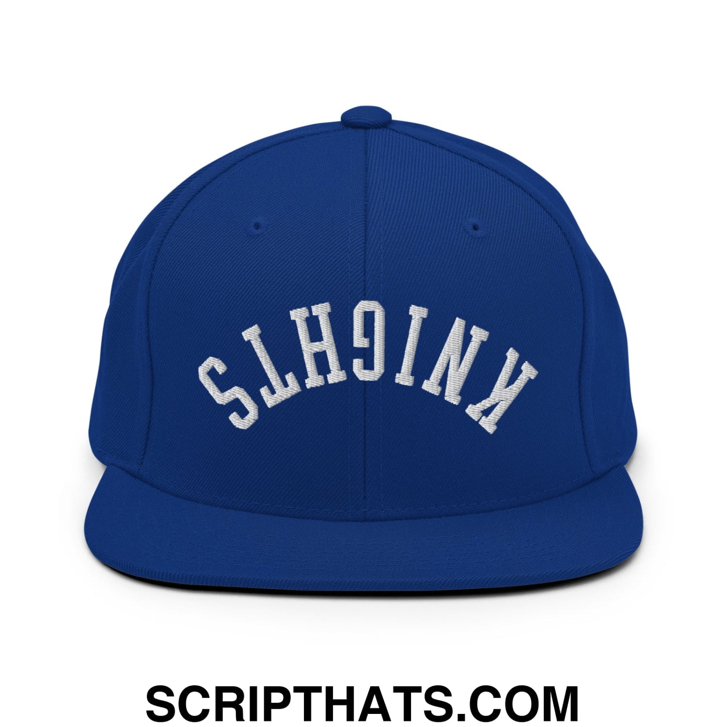 Royal blue snapback hat with white embroidered knights lettering and flat bill brim for stylish casual wear