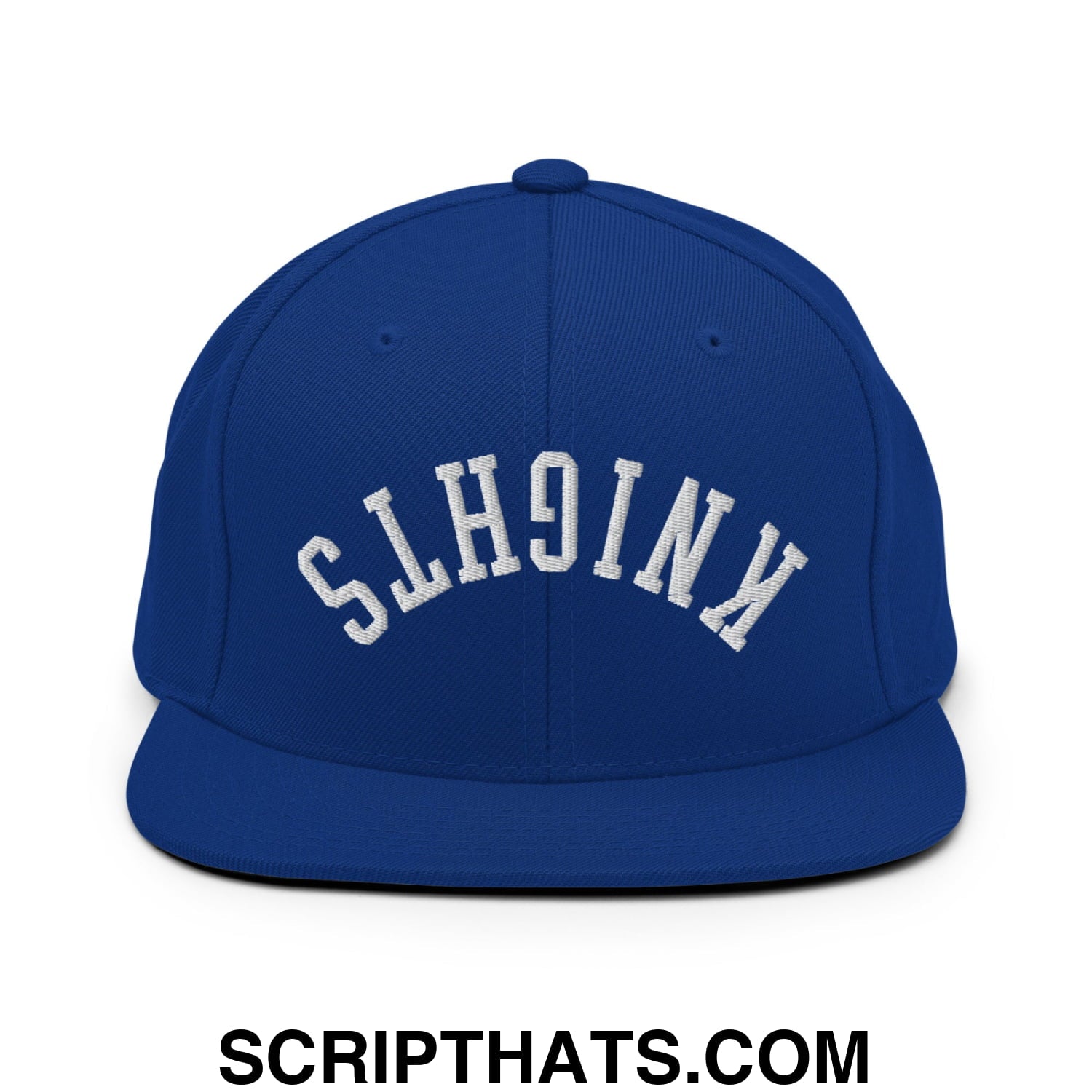 Royal blue snapback hat with white embroidered knights lettering and flat bill brim for stylish casual wear