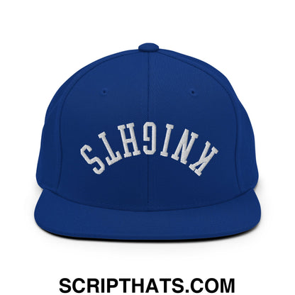 Royal blue snapback hat with white embroidered knights lettering and flat bill brim for stylish casual wear