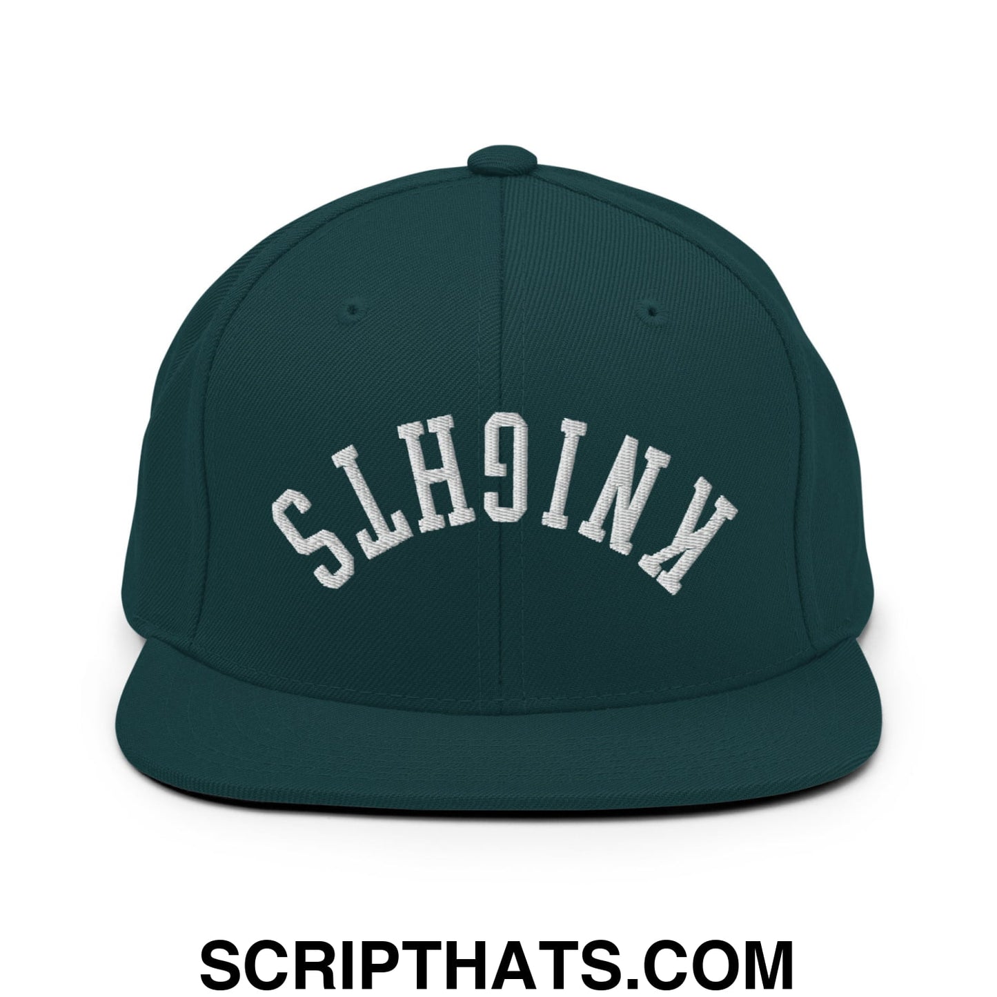 Dark green snapback cap with white embroidered knights lettering in an arched design and flat bill brim