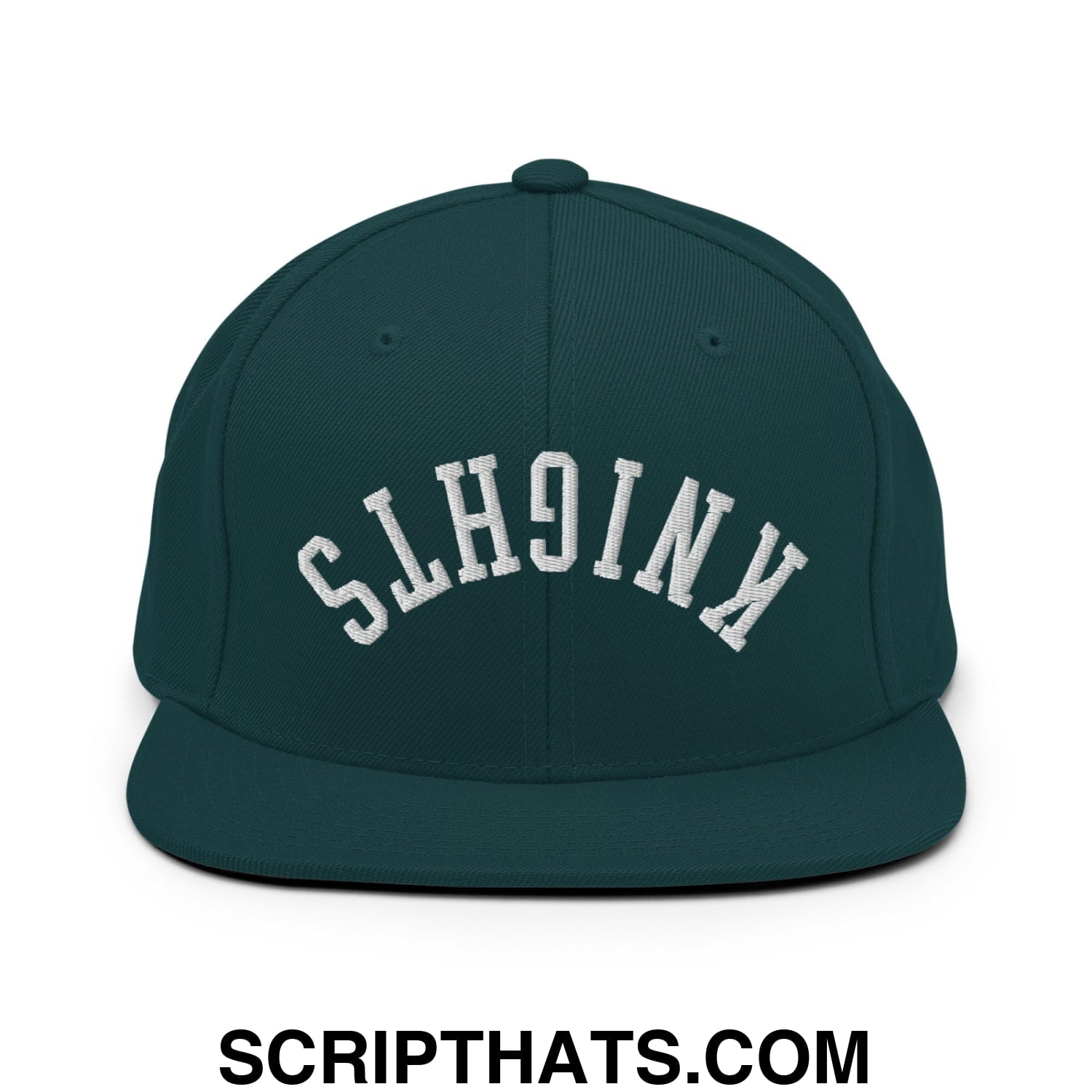 Dark green snapback cap with white embroidered knights lettering in an arched design and flat bill brim