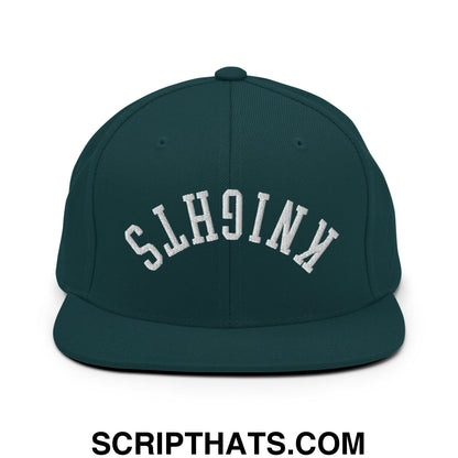 Dark green snapback cap with white embroidered knights lettering in an arched design and flat bill brim