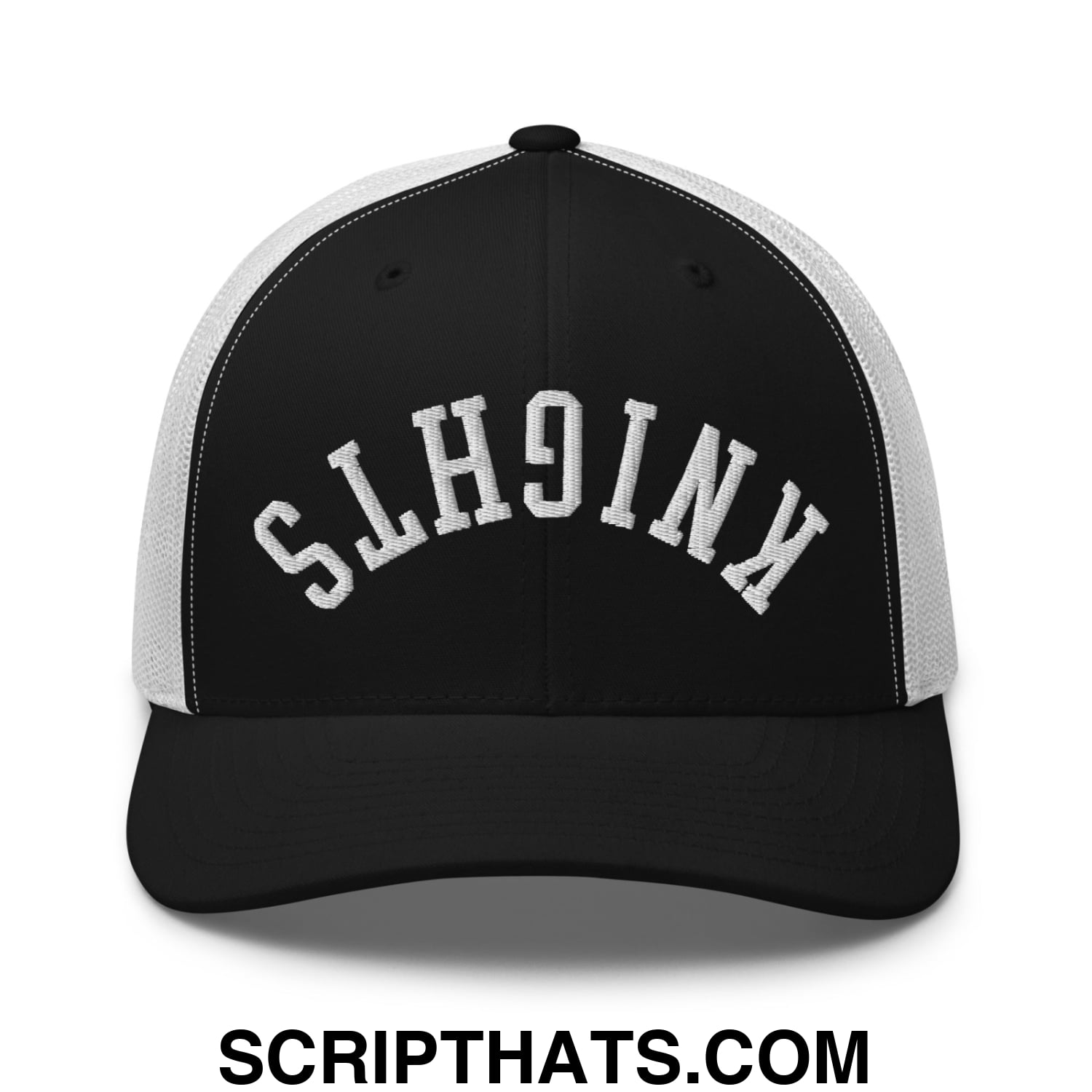 Black and white mesh trucker hat with slh9inx embroidered in arched white lettering on the front panel