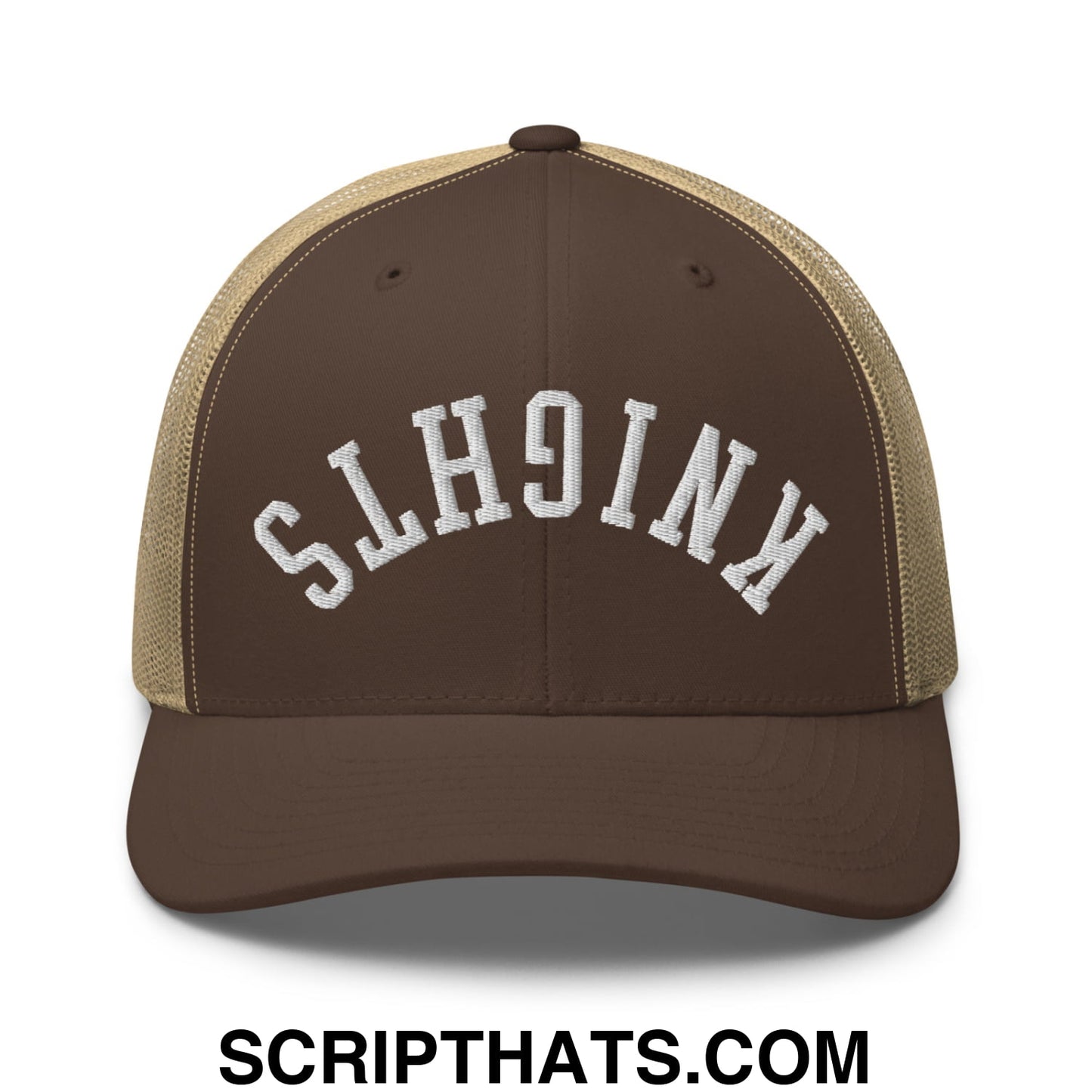 Brown and tan mesh trucker hat with white embroidered knights lettering front design and upside down style