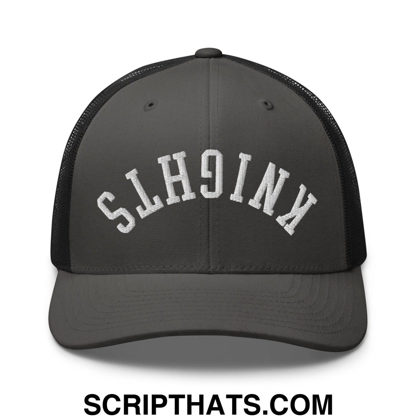 Dark gray mesh trucker hat with white embroidered slh9inx lettering from Upside Down Knights collection