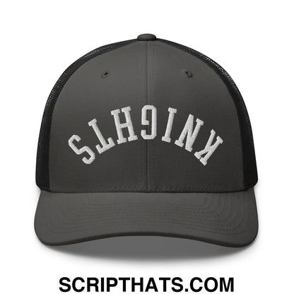 Dark gray mesh trucker hat with white embroidered slh9inx lettering from Upside Down Knights collection