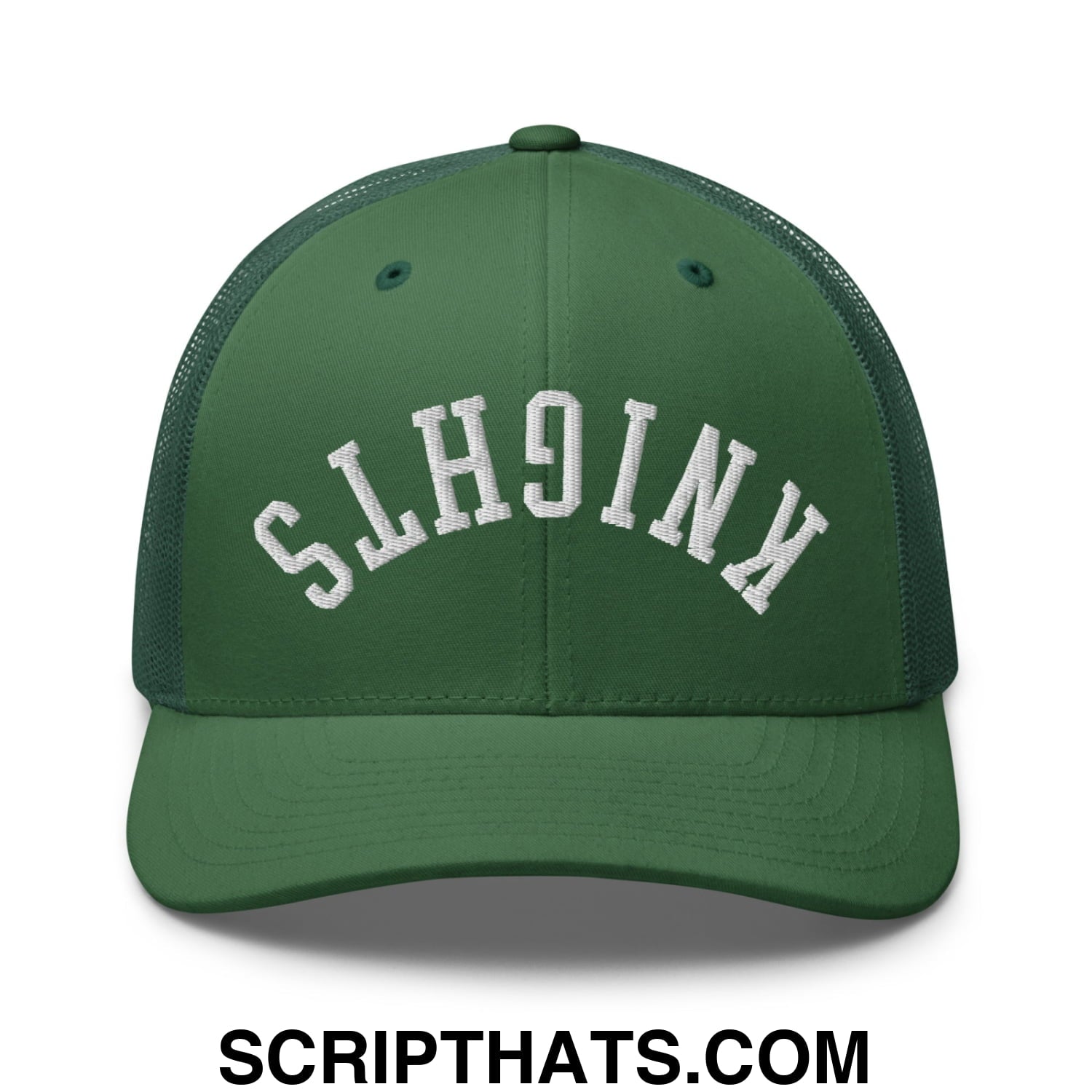 Dark green mesh trucker hat with white embroidered knights lettering front upside down design