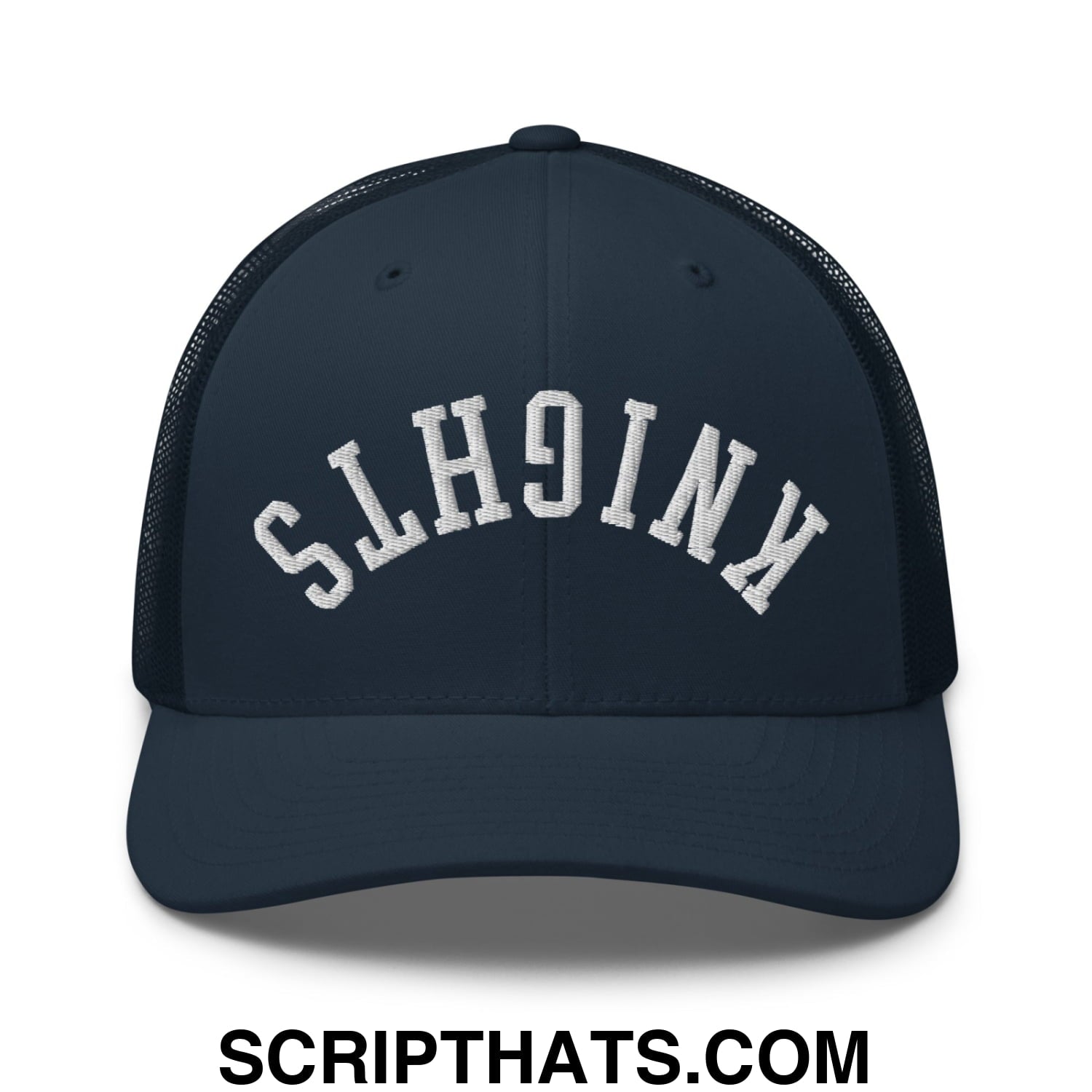 Navy blue mesh trucker hat with white slh9inx embroidery from the Upside Down Knights collection