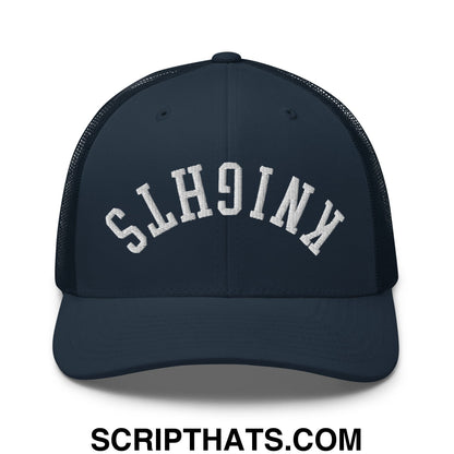 Navy blue mesh trucker hat with white slh9inx embroidery from the Upside Down Knights collection