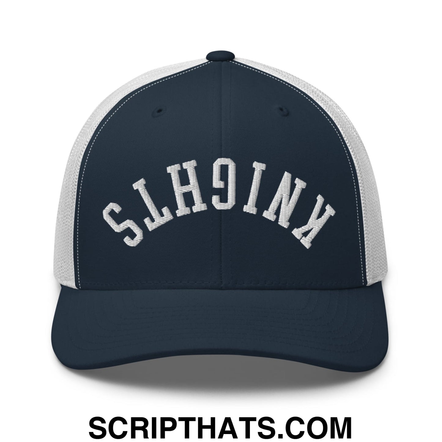 Navy blue and white mesh trucker hat with slh9inx embroidered in arched white lettering front Upside Down Knights design