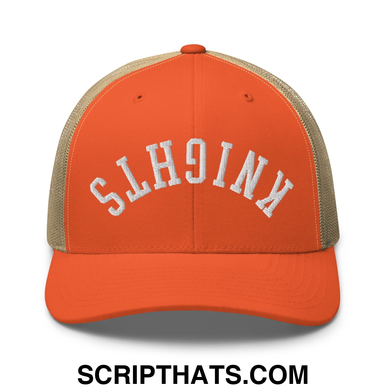 Orange and beige mesh trucker hat with white embroidered knights lettering featuring an upside down design