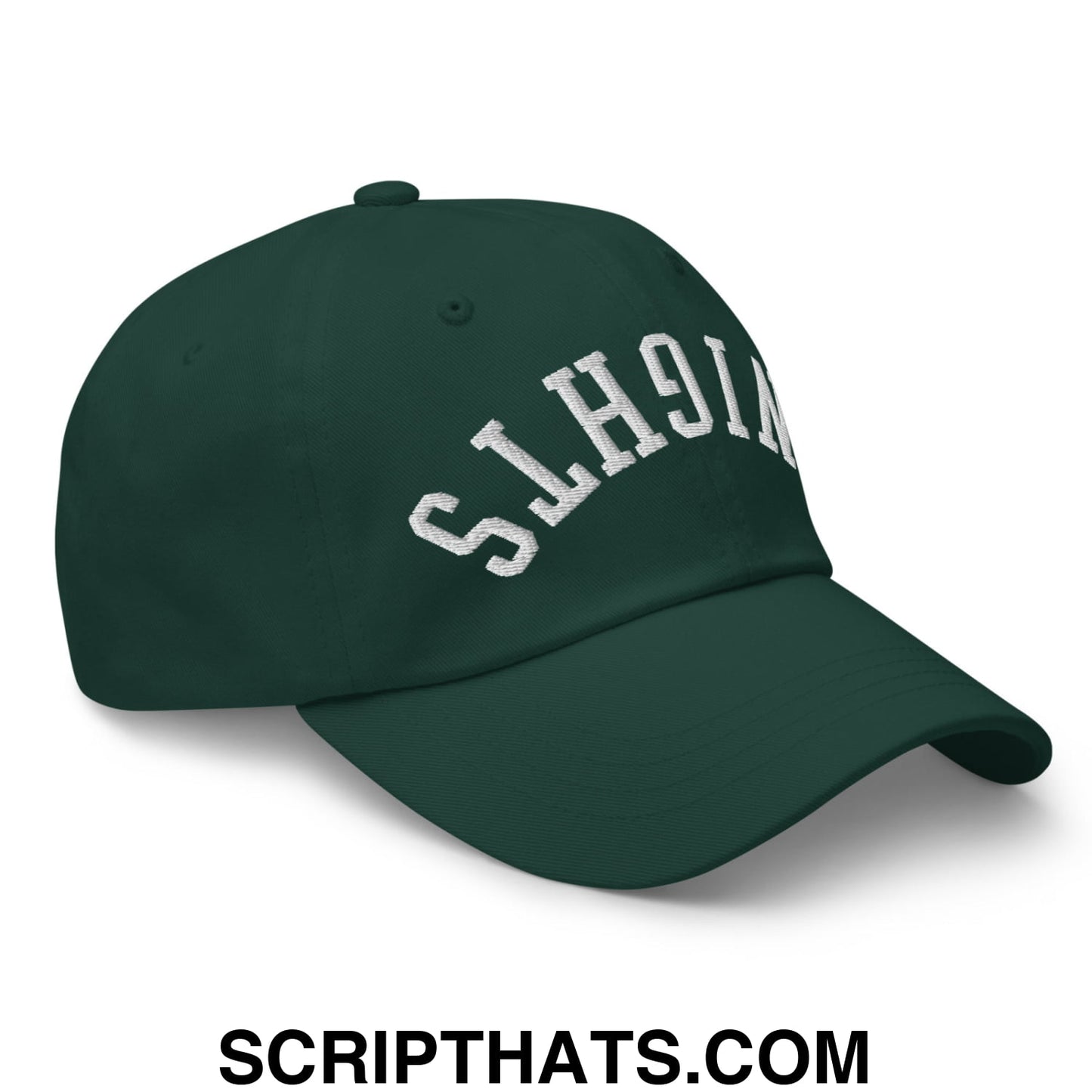 Dark green upside down knights embroidered unstructured dad hat with white slh91 lettering in arched design
