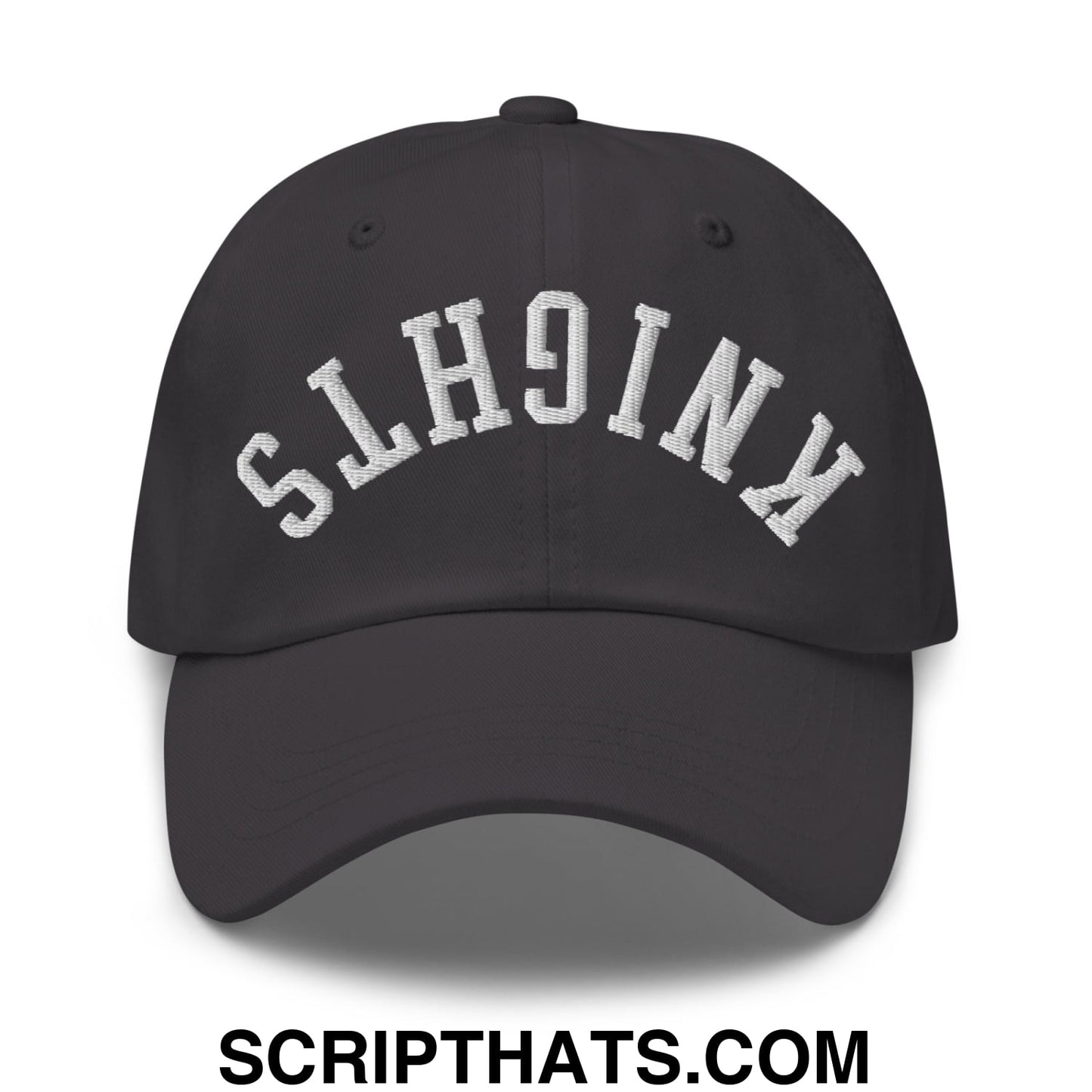 Black upside down knights embroidered unstructured dad hat with white arched lettering on front panel