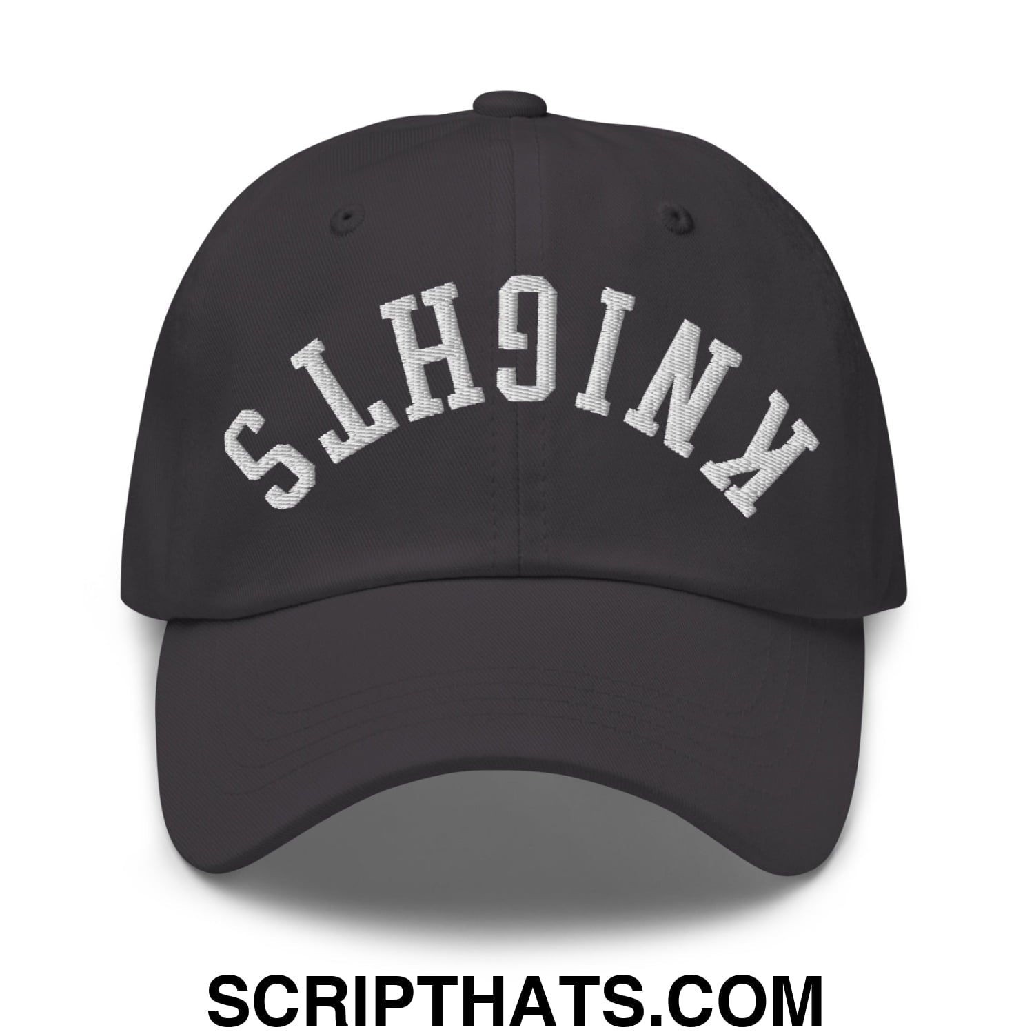 Black upside down knights embroidered unstructured dad hat with white arched lettering on front panel