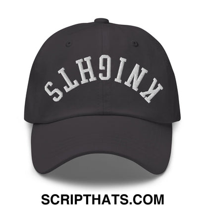 Black upside down knights embroidered unstructured dad hat with white arched lettering on front panel