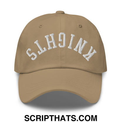 Tan unstructured dad hat with white embroidered knights lettering in an arched design featuring an upside down style