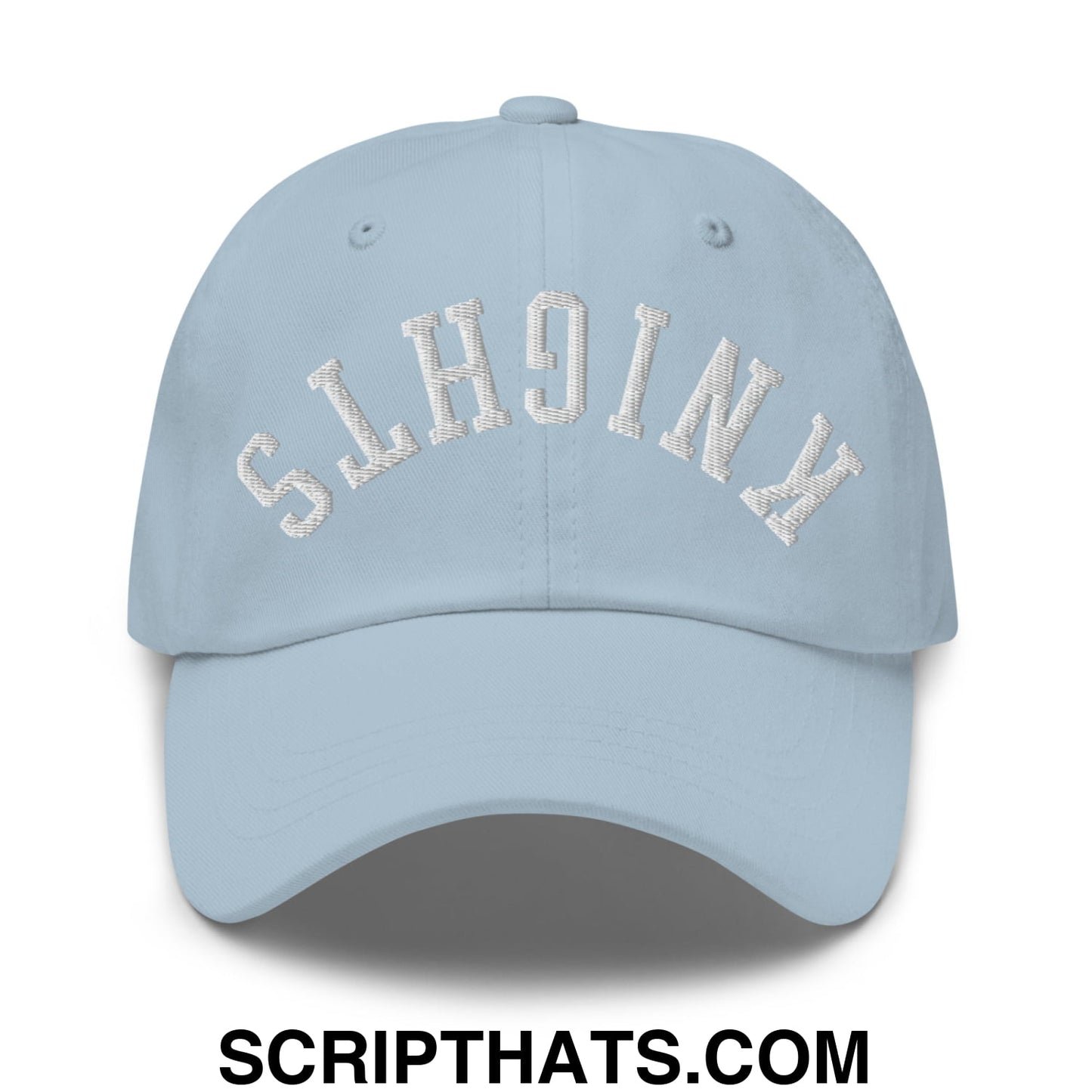 Light blue unstructured dad hat with white embroidered knights lettering across the front for casual wear