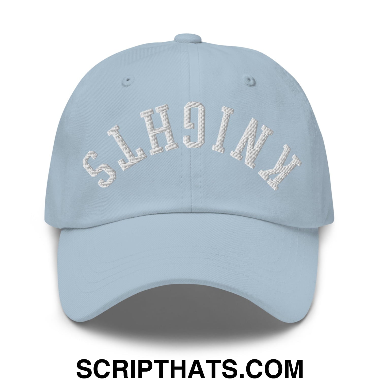 Light blue unstructured dad hat with white embroidered knights lettering across the front for casual wear