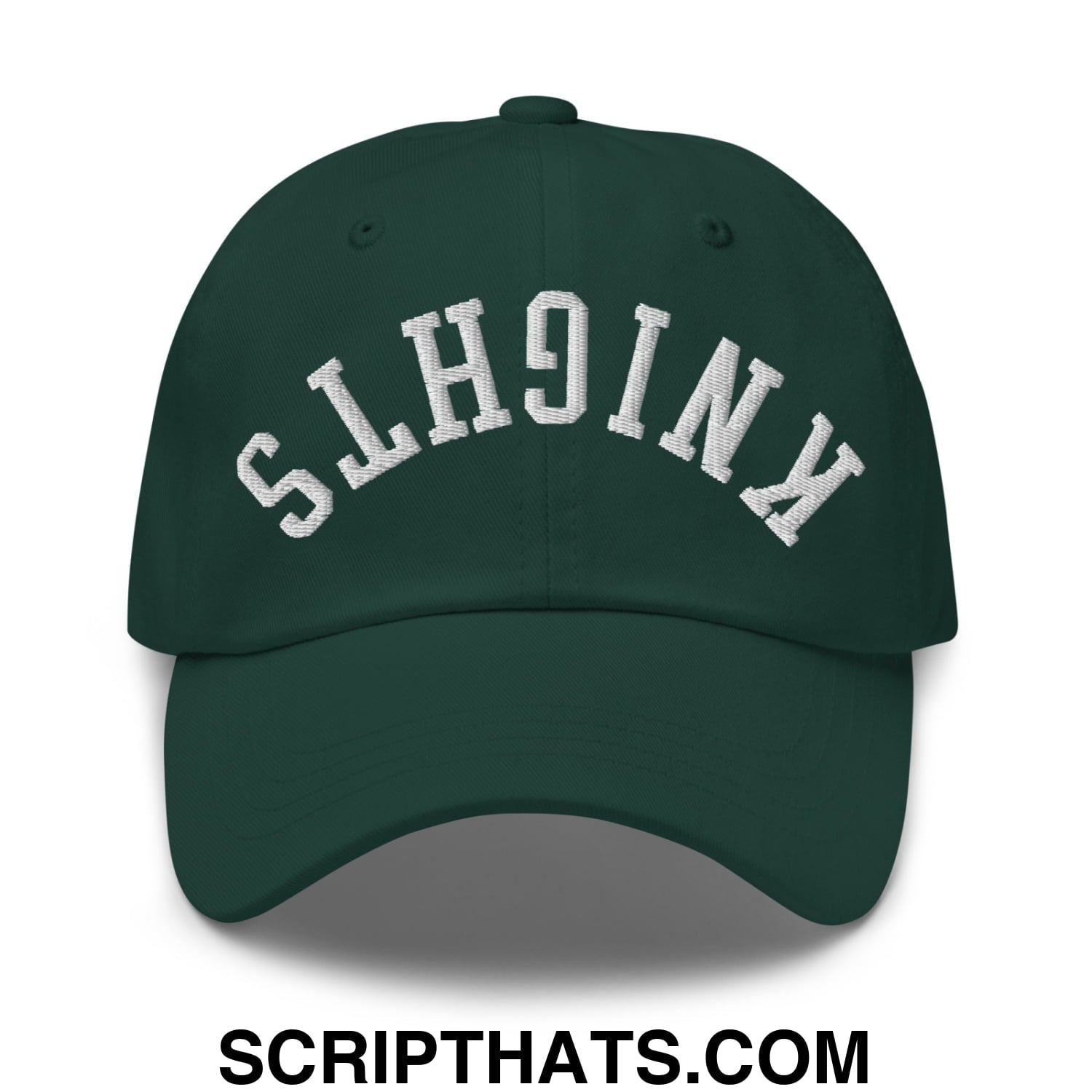 Dark green unstructured dad hat with white embroidered knights lettering in an arched design