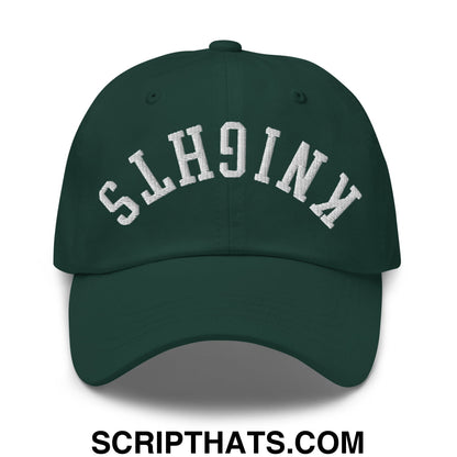 Dark green unstructured dad hat with white embroidered knights lettering in an arched design