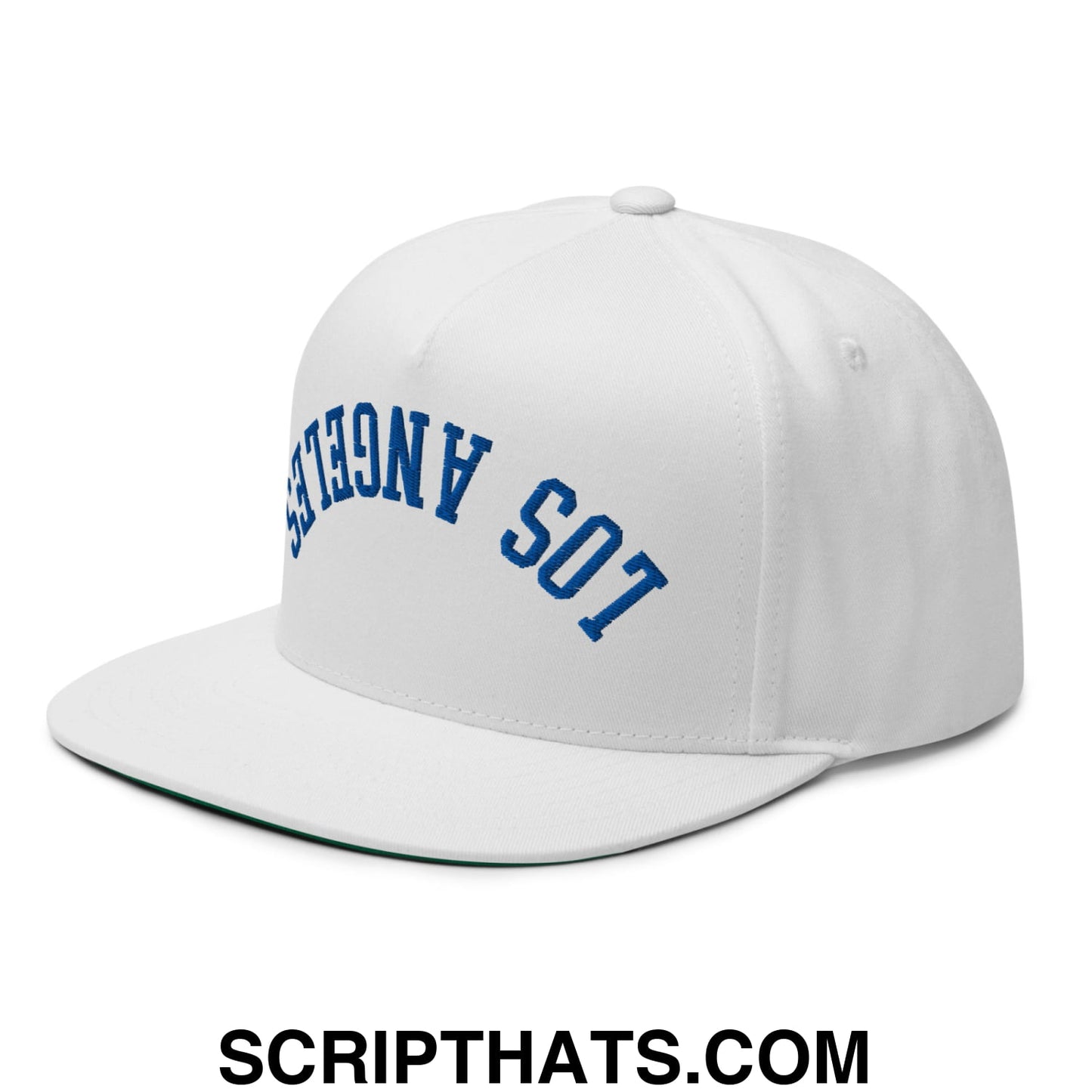 Upside Down LA Los Angeles Baseball Embroidered Flat Bill Brim 5 Panel Snapback Hat White
