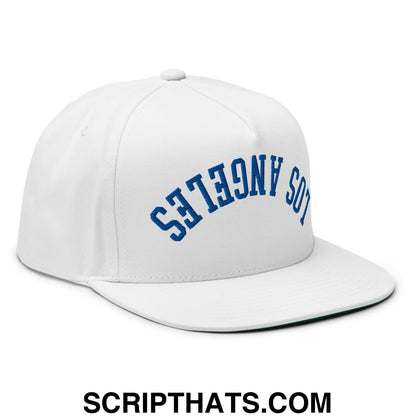 Upside Down LA Los Angeles Baseball Embroidered Flat Bill Brim 5 Panel Snapback Hat White