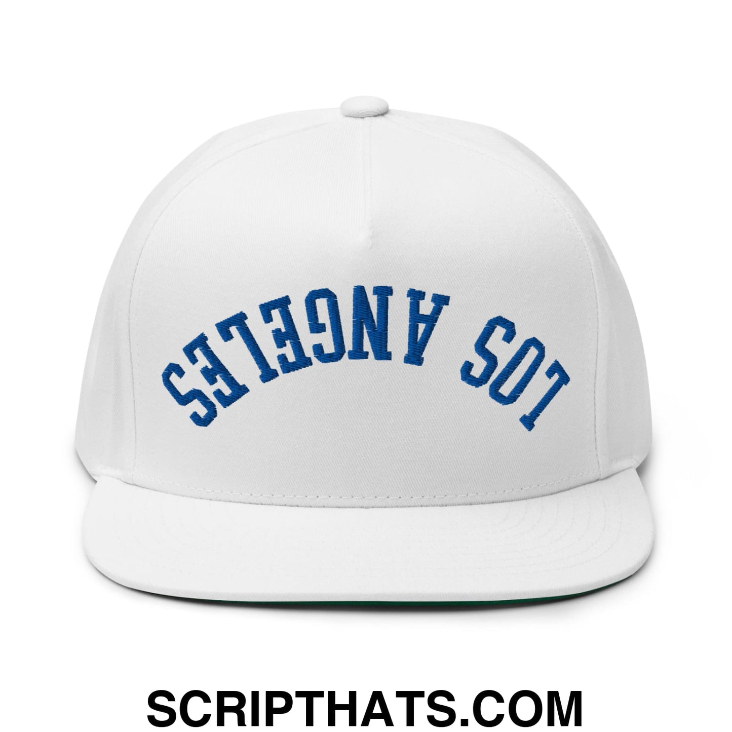 Upside Down LA Los Angeles Baseball Embroidered Flat Bill Brim 5 Panel Snapback Hat White