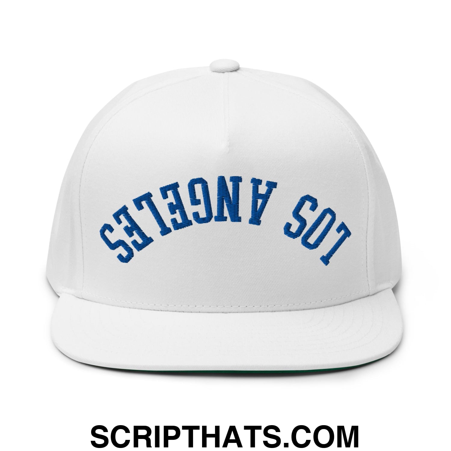 Upside Down LA Los Angeles Baseball Embroidered Flat Bill Brim 5 Panel Snapback Hat White
