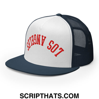 Upside Down LA Los Angeles Baseball Embroidered Flat Bill Brim Mesh Trucker Hat Navy White Navy