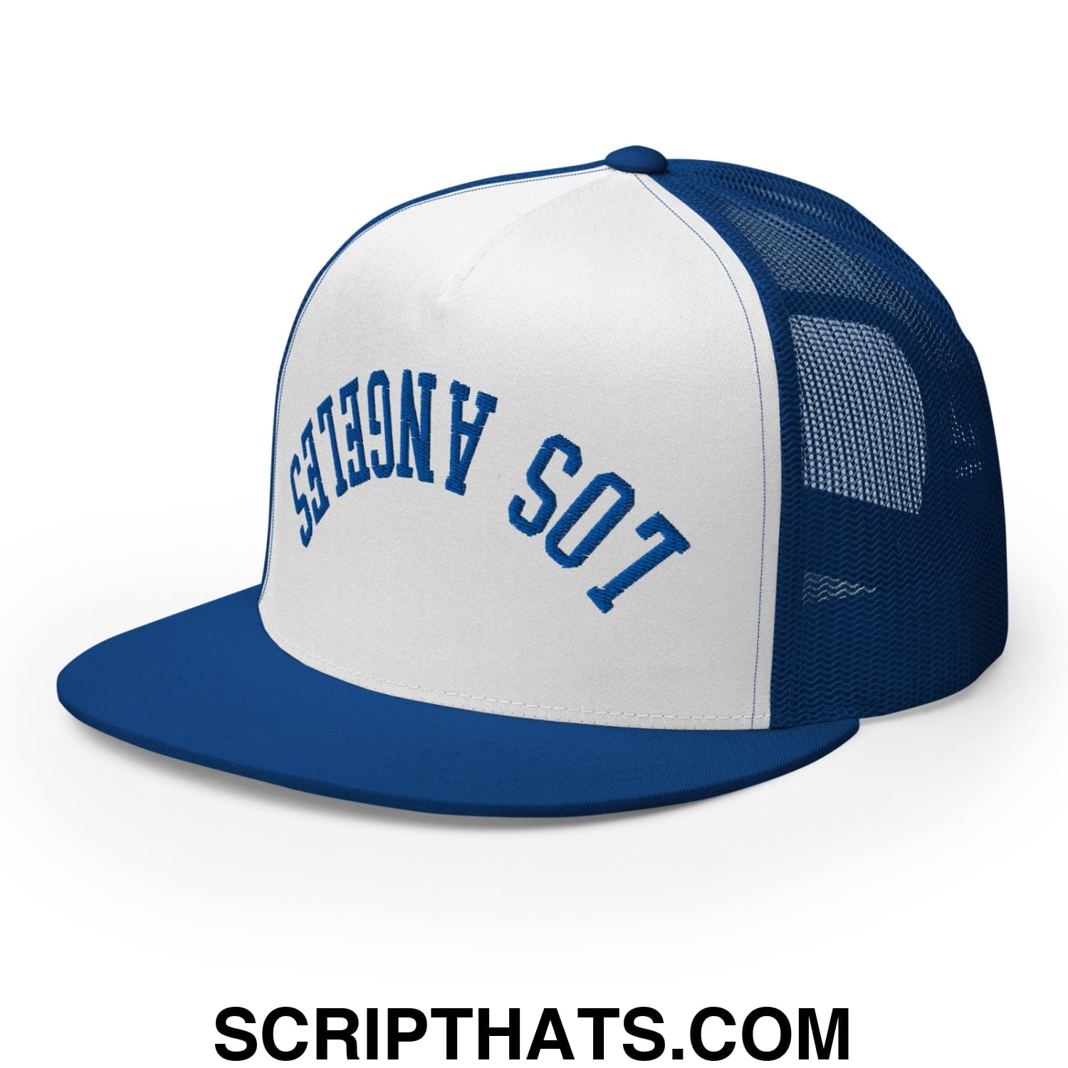 Upside Down LA Los Angeles Baseball Embroidered Flat Bill Brim Mesh Trucker Hat Royal White Royal