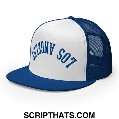 Upside Down LA Los Angeles Baseball Embroidered Flat Bill Brim Mesh Trucker Hat Royal White Royal