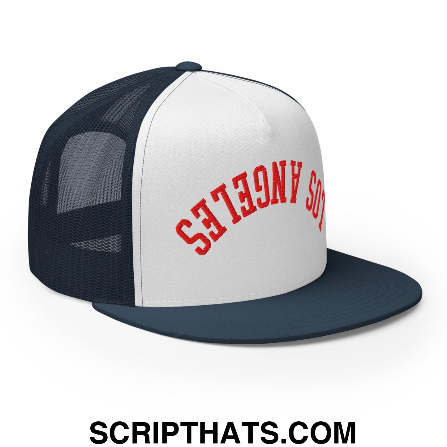 Upside Down LA Los Angeles Baseball Embroidered Flat Bill Brim Mesh Trucker Hat Navy White Navy